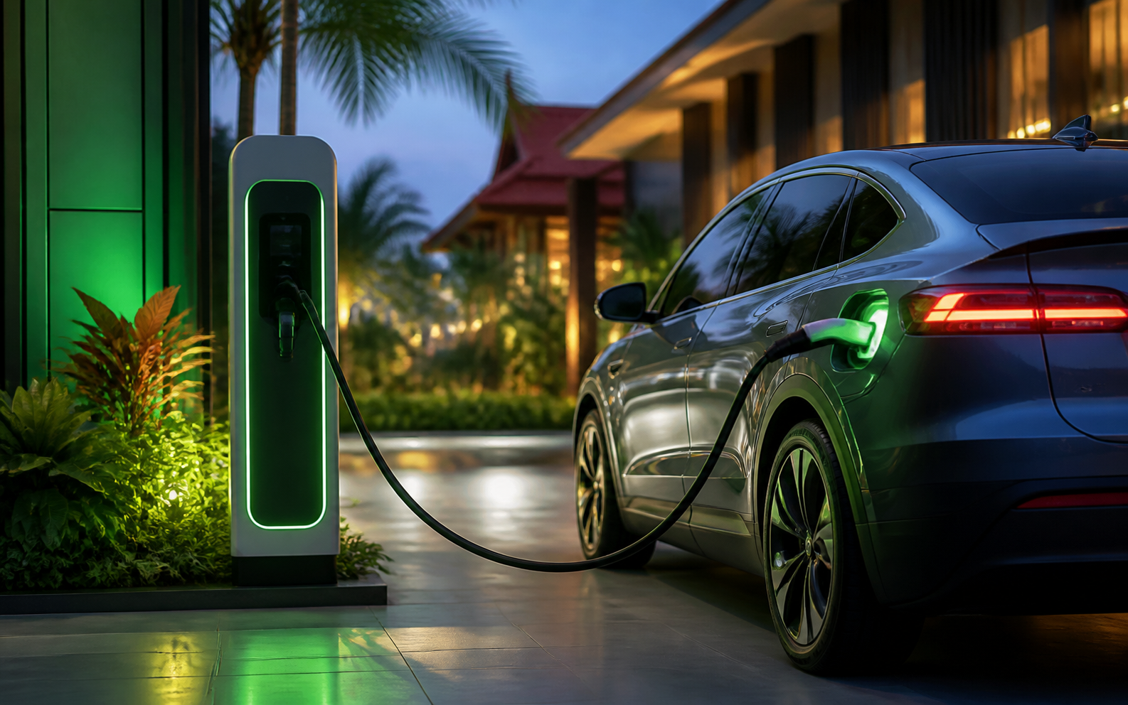 Electric car charging at a modern EV charging station